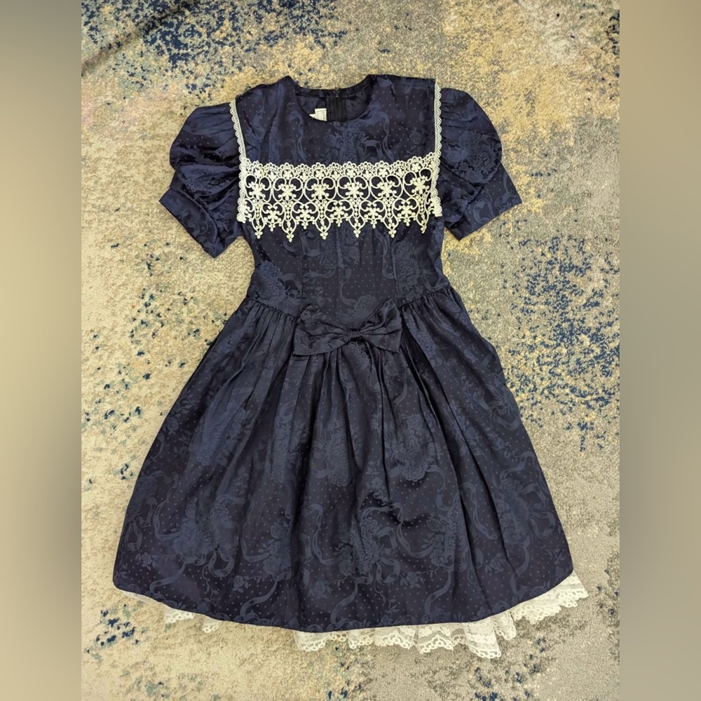 Gunne Sax Midnight Blue Dress with Ivory Lace